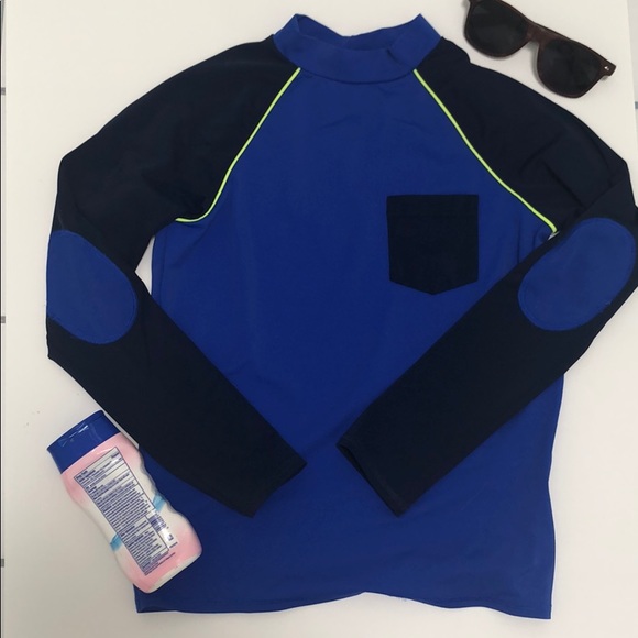 Lands' End Other - Lands’ End Kids Swim Shirt Rash Guard Blue/Navy & Neon Yellow Piping Size Small